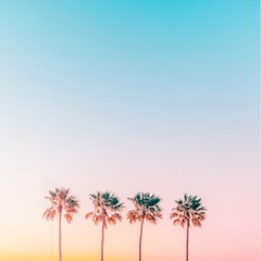 Fototapeta premium Four palm trees silhouetted against a vibrant sunset sky.