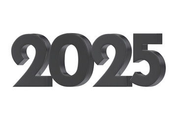 3D vector numbers 2025 in a black metallic color. Design object for New Year greeting cards, advertising banners. Metal numbers are bold and sleek, and with sharp edges. 3D element isolated on white