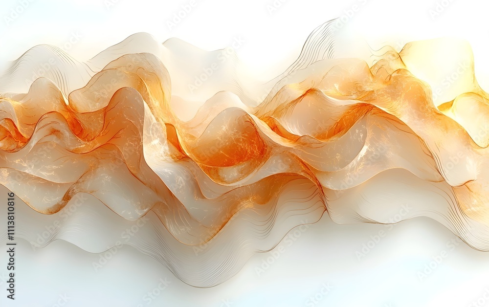 Poster an abstract wave of translucent fabric in warm tones of orange and cream, creating a flowing and air