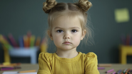 serious girl with braided hair in yellow shirt, surrounded by art supplies