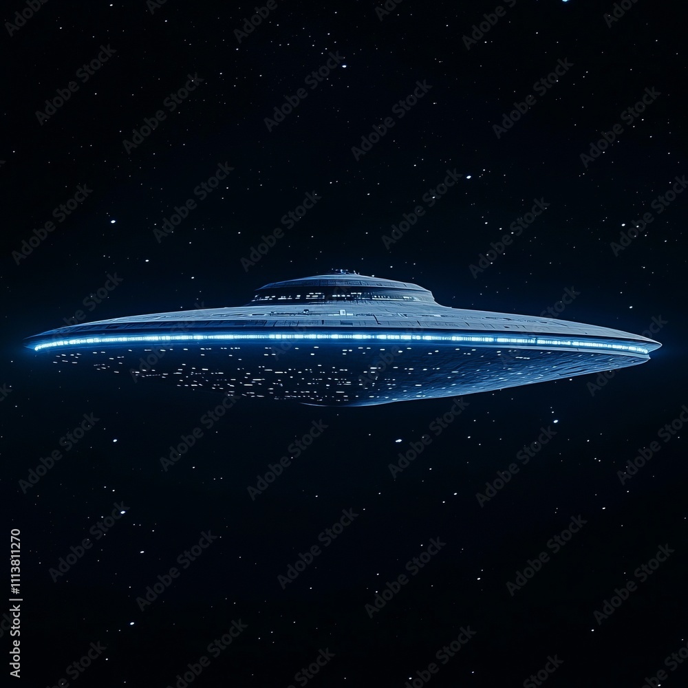 Poster futuristic spaceship hovering in dark space.