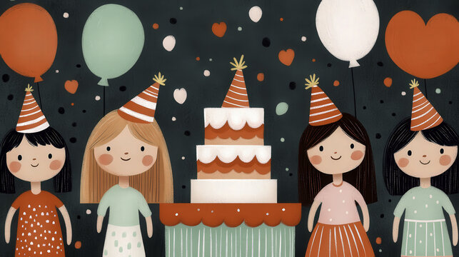 Cute birthday party illustration with girls, cake, and balloons