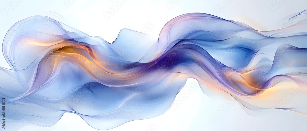 Poster a stunning abstract image featuring flowing waves of blue, orange, and white colors, creating a sere