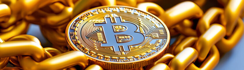 Naklejka premium A shiny Bitcoin coin rests on a golden chain, symbolizing the connection between cryptocurrency and security.