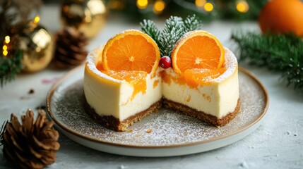A slice of Christmas Orange Cheesecake, decorated with sugared orange slices and a sprig of fir, sits on a plate, surrounded by festive decorations.