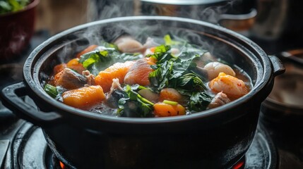 An inviting hot pot filled with a variety of ingredients like fish, beef, and greens, captured mid-cooking, with steam rising and creating a mouthwatering scene