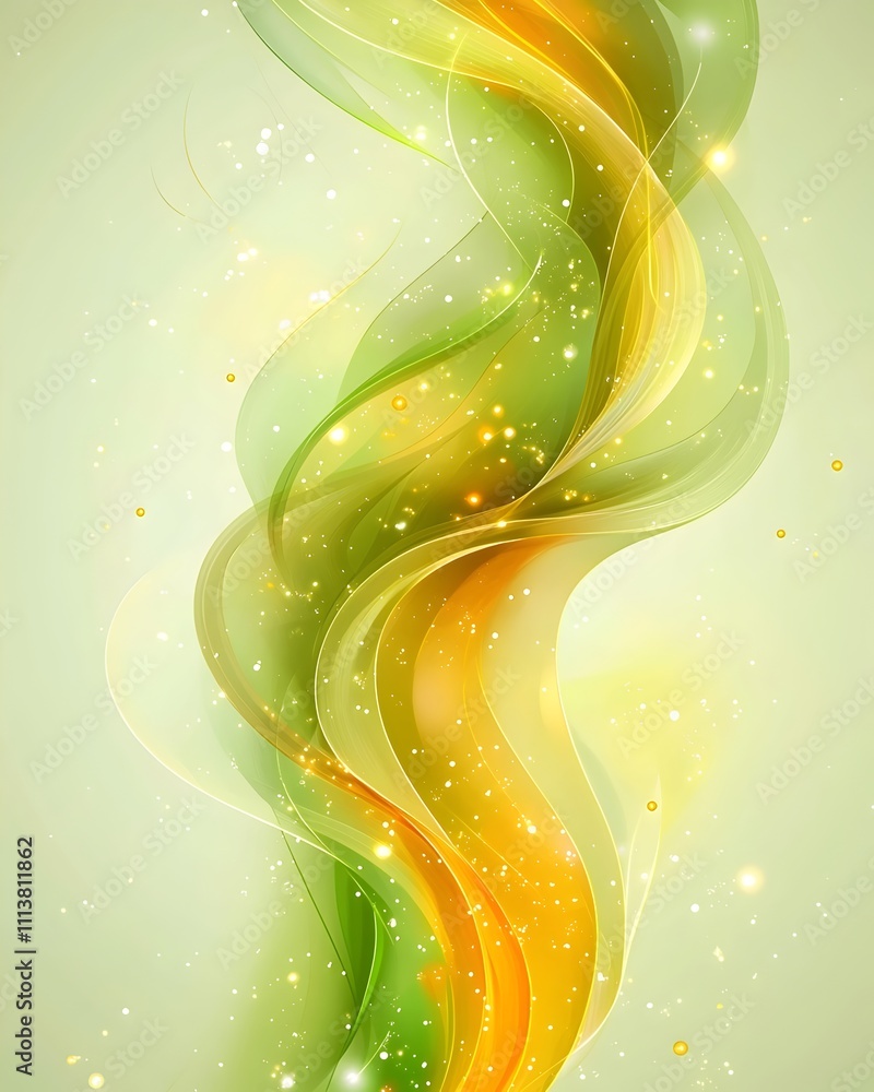 Poster a vibrant abstract background featuring flowing green and orange swirls, illuminated with shimmering