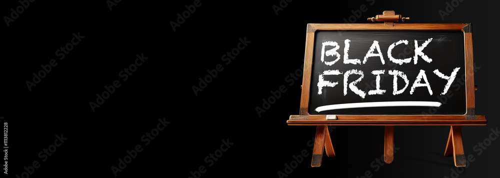 Aufkleber closeup of a blackboard on a wooden easel (tripod) with the text written in chalk, black friday in e