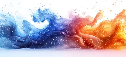 Obraz premium A vibrant splash of swirling orange and blue paint, blending seamlessly with water droplets, creating an abstract and dynamic visual effect that evokes creativity and energy.