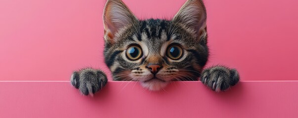 Obraz premium Playful Kitten Peeks Over a Pink Surface Curiously, Generative AI