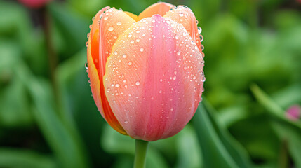 Naklejka premium close up of dew drops on pink tulip blossom in a garden