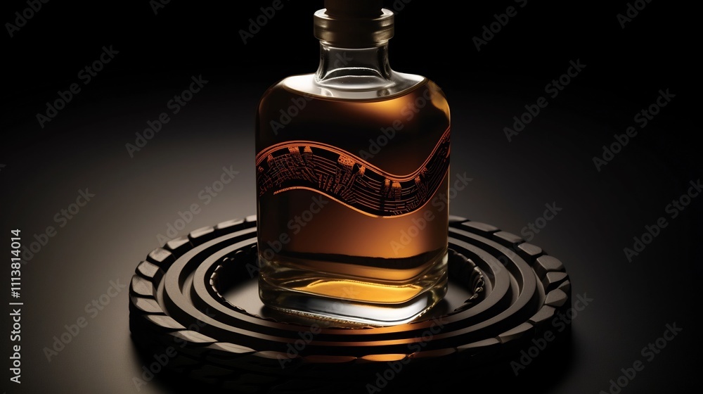 Poster captivating creative design featuring tire tracks spiraling dynamically into a liquor bottle cap sug