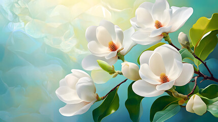 A serene depiction of magnolia flowers against a soft, colorful background.