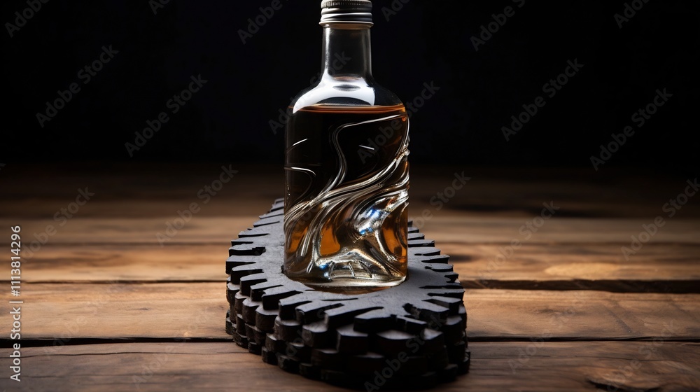 Poster visually striking design featuring tire tracks formed by a liquid pouring into the cap of a liquor b