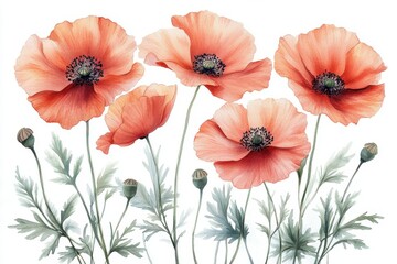 Obraz premium A watercolor illustration of vibrant poppy flowers with delicate petals and green foliage.