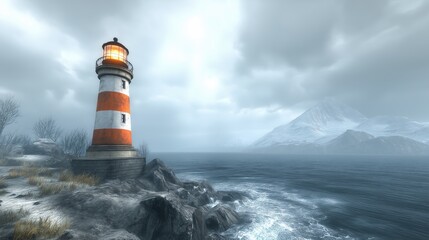 Lighthouse against stormy sky, coastal landscape with crashing waves, wall art for adventure seekers, ideal for National Lighthouse Day