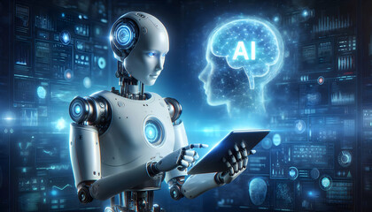 AI Robot Background A humanoid robot holding a digital tablet with a glowing AI hologram floating above it1