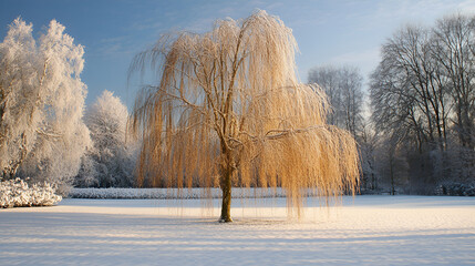 large birch tree is covered with frost and snow flakes after snowfall, sunlight shines through the branches, daytime, Lonely birch covered with a thick layer of frost