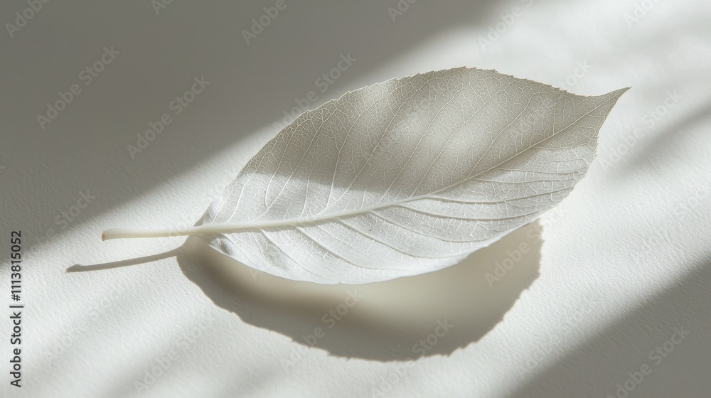 Aufkleber a delicate, pale leaf rests on a soft surface, illuminated by gentle light, creating a serene and mi