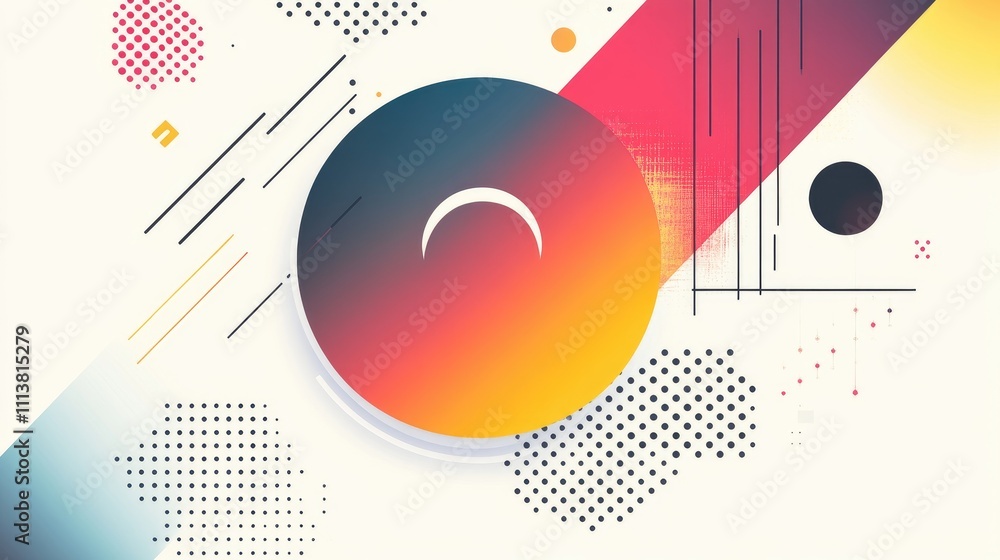 Poster bright, gradient circles and lines arranged in a spiral pattern on a clean background, representing 