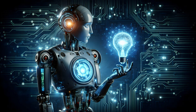 AI Robot Background A futuristic robot, holding a holographic glowing light bulb in its right hand, metallic circuits vi1 - Powered by Adobe