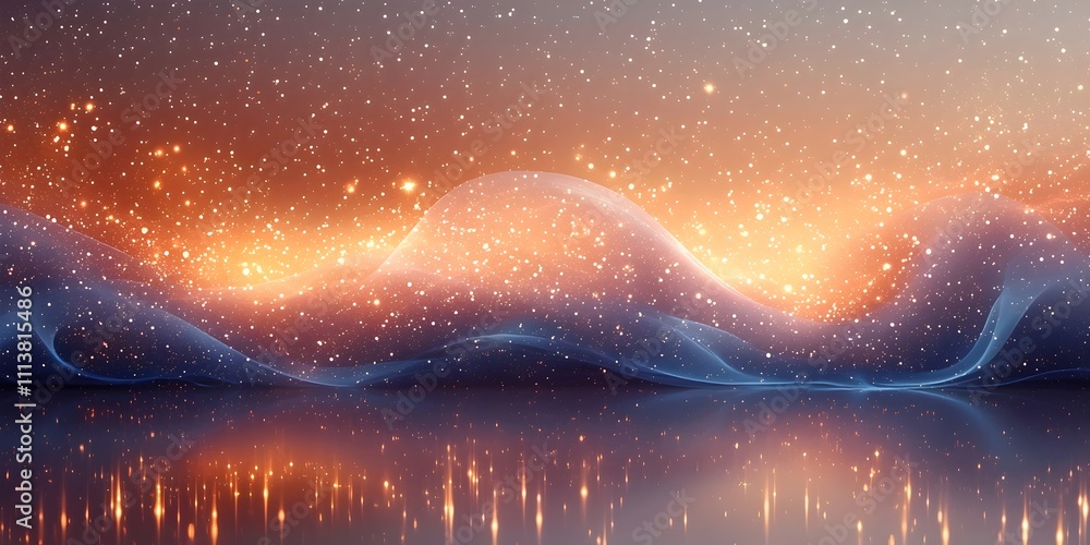 Poster a mesmerizing abstract landscape featuring ethereal waves of soft colors, illuminated by sparkling p