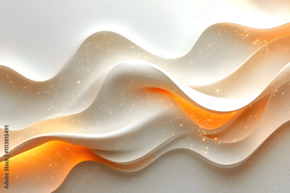 Poster an abstract design featuring flowing waves of soft white and warm orange hues, creating a serene and