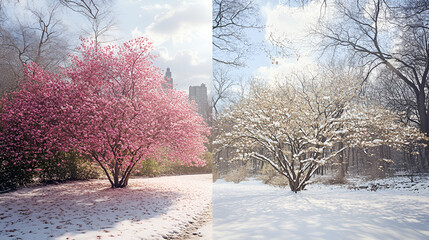 The Beginning of winter is bustling in the white snowy city professional photography, morning frosty winter park landscape,  snow in a winter park, virgin snow and snow-covered trees covered snow
