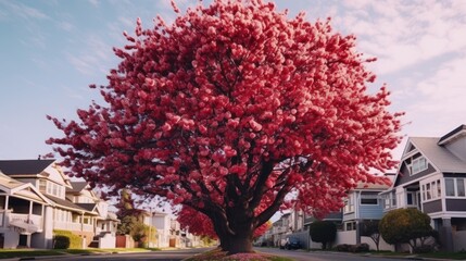 Blooming Cherry Tree in a Residential Neighborhood