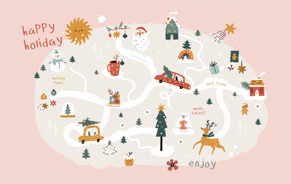 Christmas winter map with city landscape, animals, house, gifts, festive decoration, cars, road. Premade Christmas map creator with cute holiday design elements. New year card, poster, banner, print 