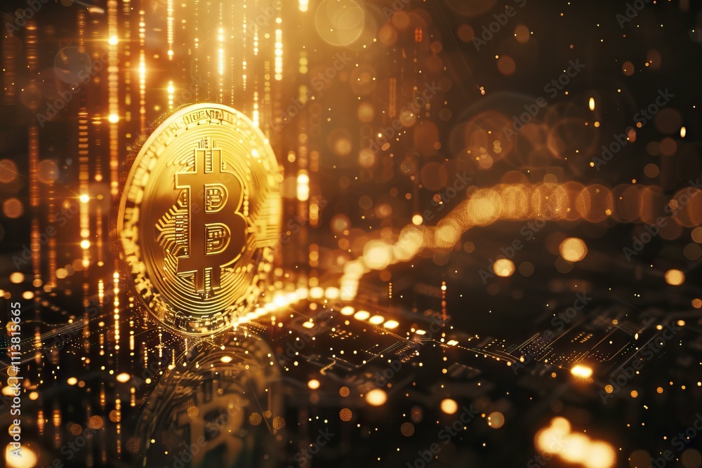 Poster bitcoin concept with candlestick graph and blockchain technology.