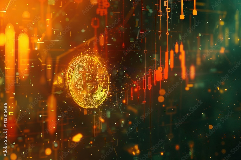 Poster bitcoin concept with candlestick graph and blockchain technology.