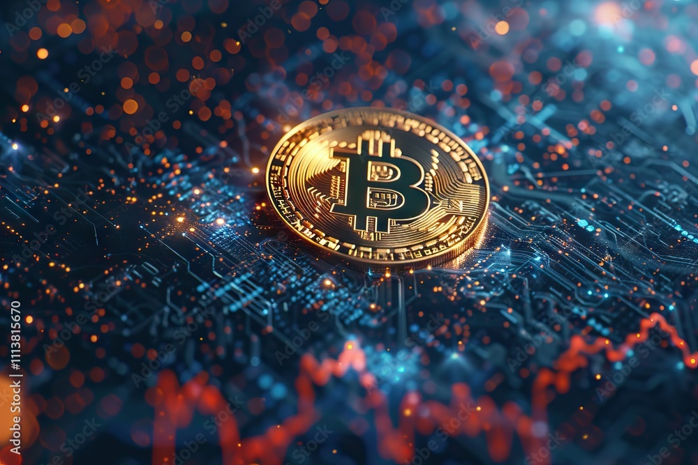 Poster bitcoin concept with candlestick graph and blockchain technology.
