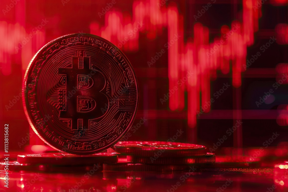 Poster bitcoin price crash in front of a red abstract virtual background