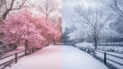 The Beginning of winter is bustling in the white snowy city professional photography, morning frosty winter park landscape,  snow in a winter park, virgin snow and snow-covered trees covered snow
