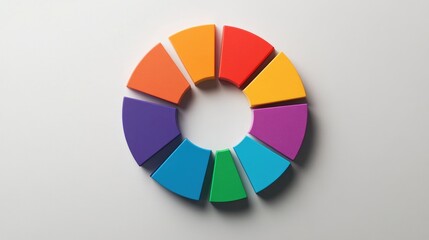Fototapeta premium Circular pie chart in vibrant colors on a clean, white background, with individual segments highlighted to show data distribution
