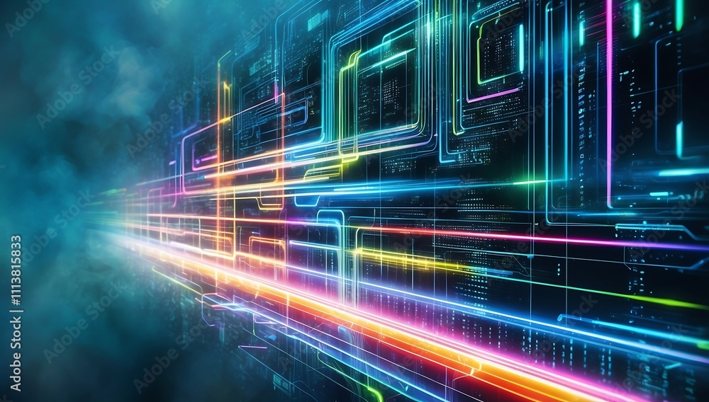Poster neon circuit stream: abstract digital art showcasing vibrant, multicolored neon lines forming a futu