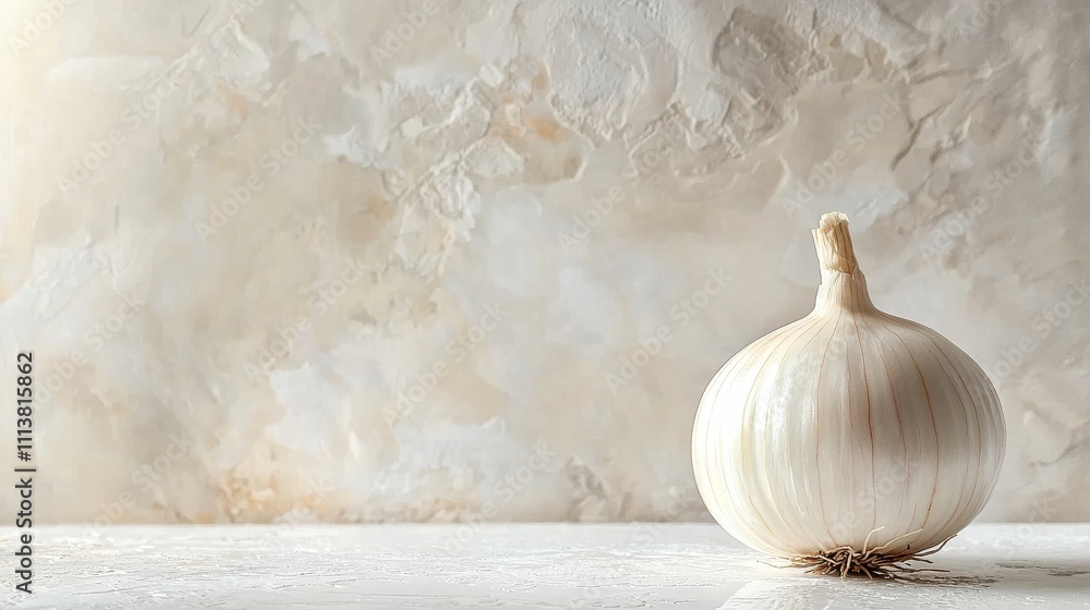 Poster a smooth, white onion sits on a textured surface against a soft, neutral background, emphasizing its