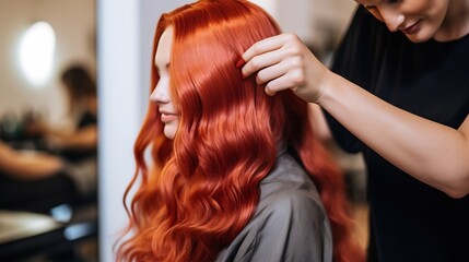 Fototapeta premium Skilled stylist carefully applying a high shine gloss product to a client s vibrant red hair color creating a luxurious glossy and radiant finish