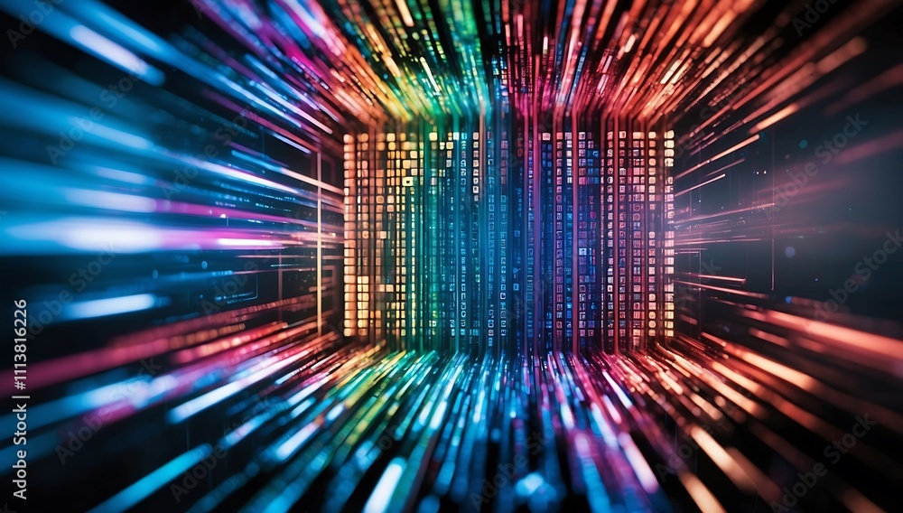 Poster digital rainbow: a mesmerizing display of vibrant colors and digital code, radiating outward from a 