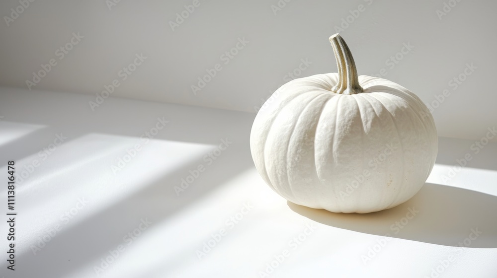 Poster a simple white pumpkin rests on a light surface, illuminated by soft sunlight, creating a serene and