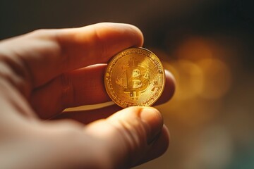 Man holding golden bitcoin symbol for web banking.