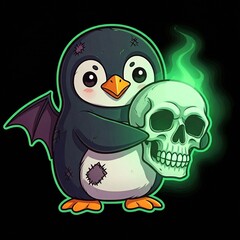 Obraz premium A chibi penguin in a bat costume, carrying a glowing skull, in a fun sticker style. 