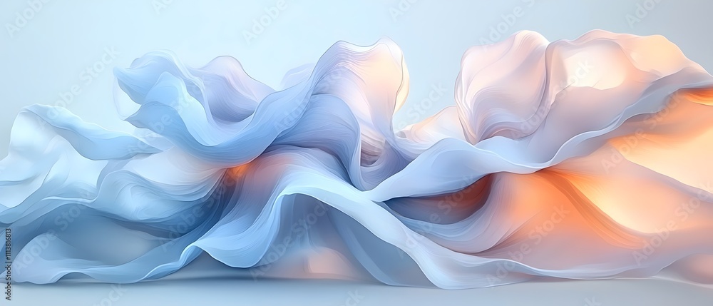 Poster a flowing abstract design featuring soft waves of blue and warm orange hues, creating a serene and d
