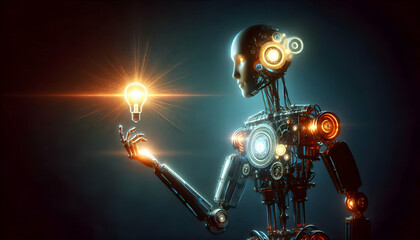 AI Robot Background A standing robot in a dramatic pose, with glowing gears on one side of its face and a radiant bulb i1
