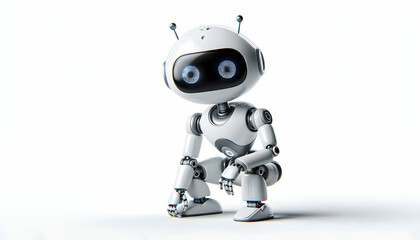 AI Robot Background A tiny, 3D AI robot with small antennae and expressive eyes, sitting in a crouched position on a fla3