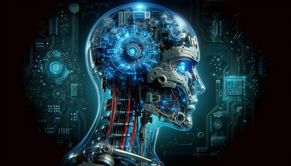 AI Robot Background A transparent robot head showcasing detailed internal components like microchips and wires, illuminated by neon blue accents against a dark background (2)