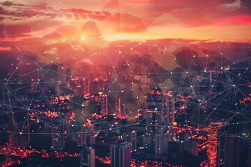 Fototapeta premium Global business network with double exposure world map and city background.