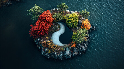 Aerial view of beautiful spring garden with blooming trees and pond, view of beautiful garden with pond in autumn season, top view,  beach and clear water, surrounded by tropical greenery