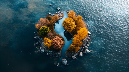 Aerial view of beautiful spring garden with blooming trees and pond, view of beautiful garden with pond in autumn season, top view,  beach and clear water, surrounded by tropical greenery